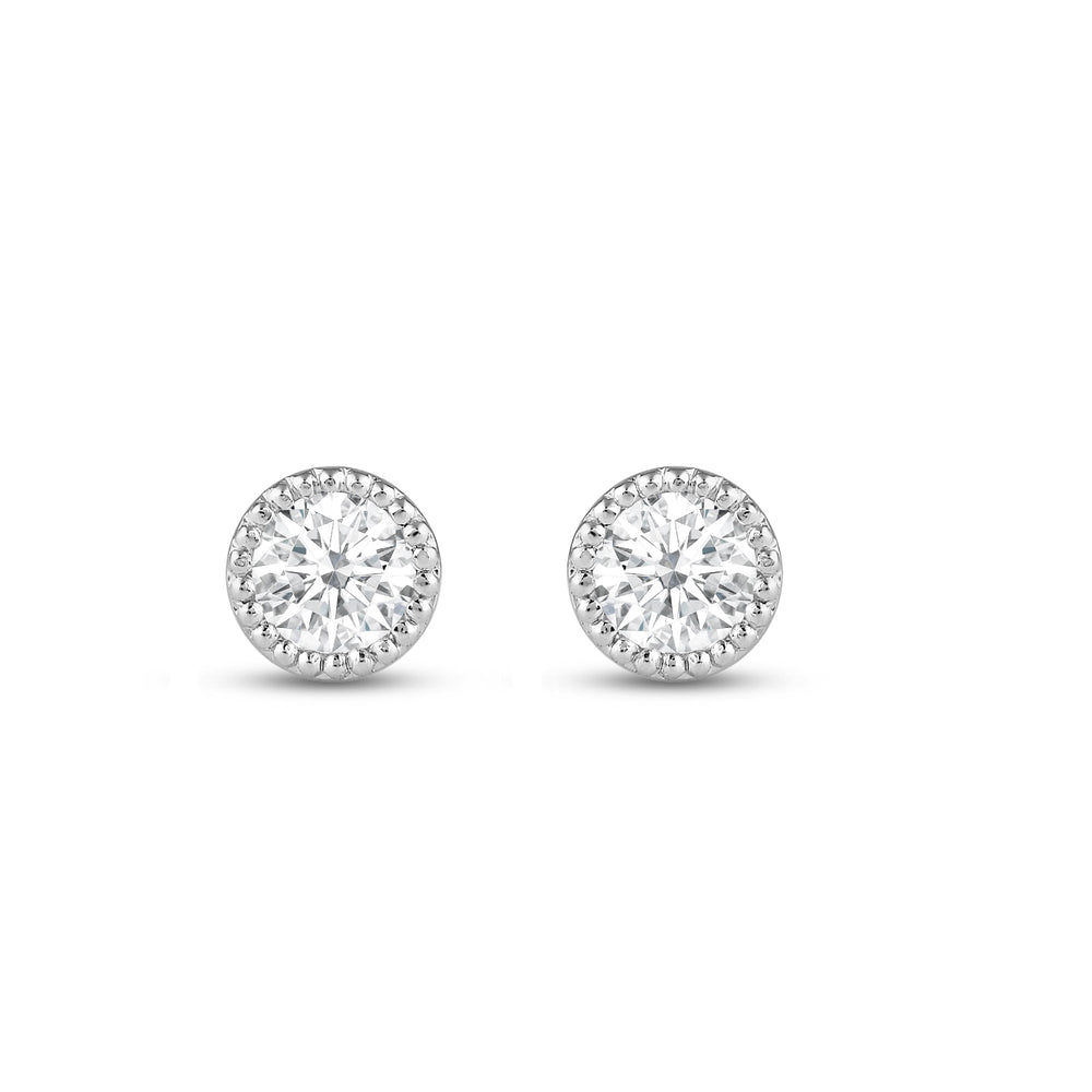 Round Diamond Milgrain Solitaire Stud Earrings with 14KT White Gold / Lab / 1/2 Cut Diamond in 14KT White Gold / Lab / 1/2 view 4
