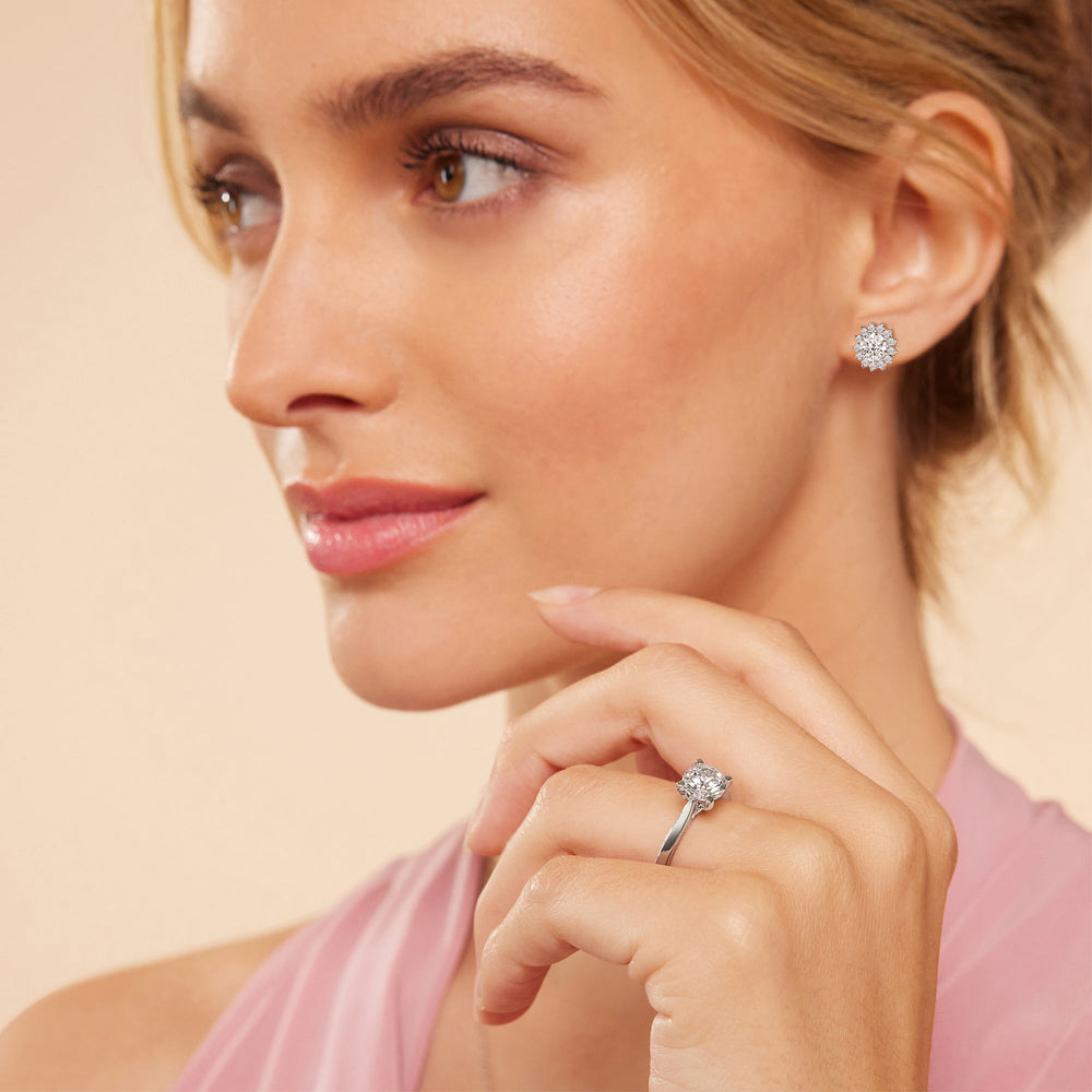 Flower Halo Diamond Earrings with 14KT White Gold / Lab / 2 1/2 Cut Diamond in 14KT White Gold / Lab / 2 1/2 view 3
