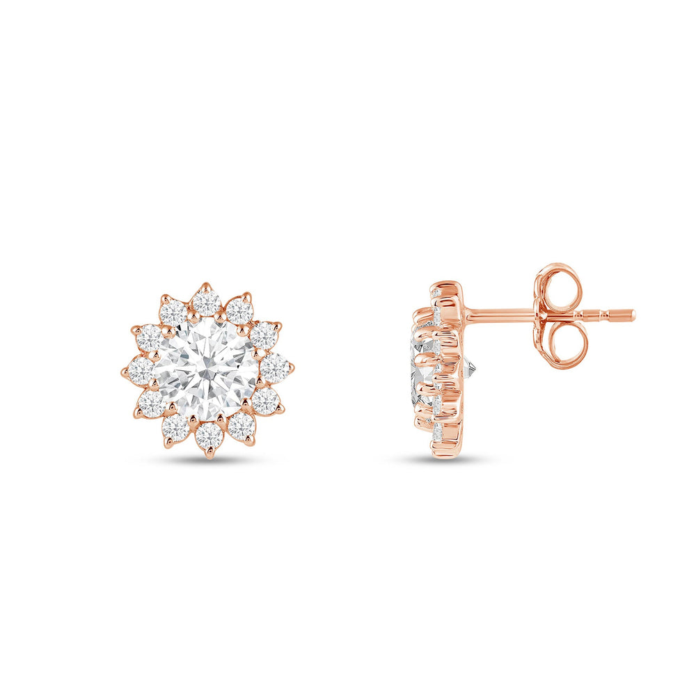 Flower Halo Diamond Earrings with 14KT Rose Gold / Lab / 3/4 Cut Diamond in 14KT Rose Gold / Lab / 3/4 view 5
