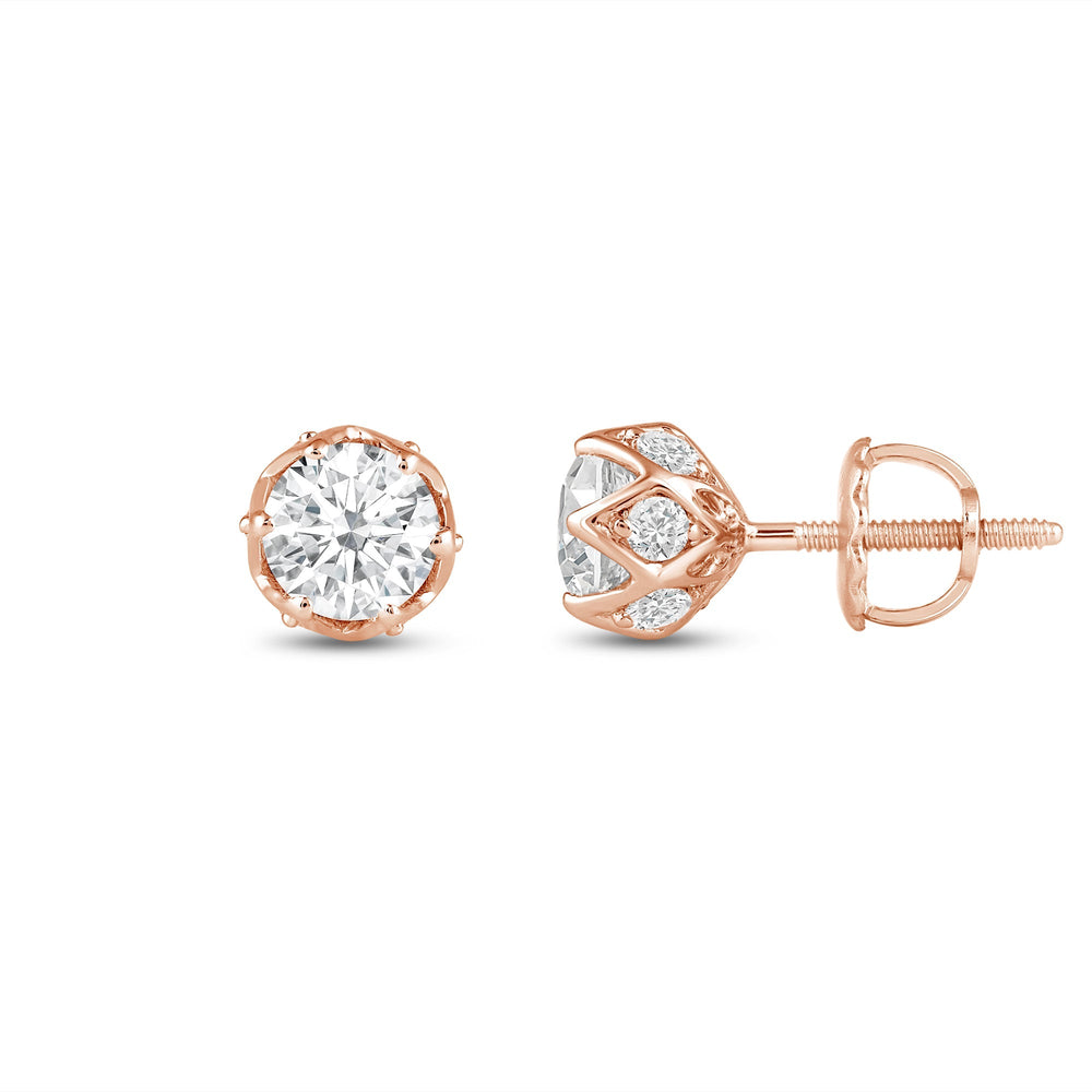 Six Prong Ornate Basket Diamond Stud Earrings with 14KT Rose Gold / Lab / 1 Cut Diamond in 14KT Rose Gold / Lab / 1 view 3
