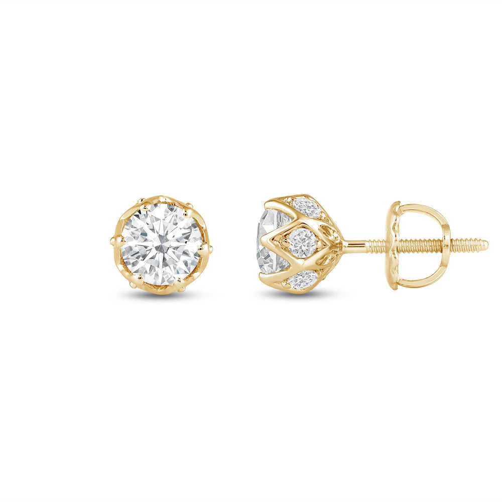 Six Prong Ornate Basket Diamond Stud Earrings with 14KT Yellow Gold / Lab / 1 Cut Diamond in 14KT Yellow Gold / Lab / 1 view 3
