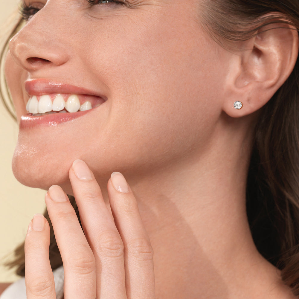 Model Wearing Six Prong Ornate Basket Diamond Stud Earrings view