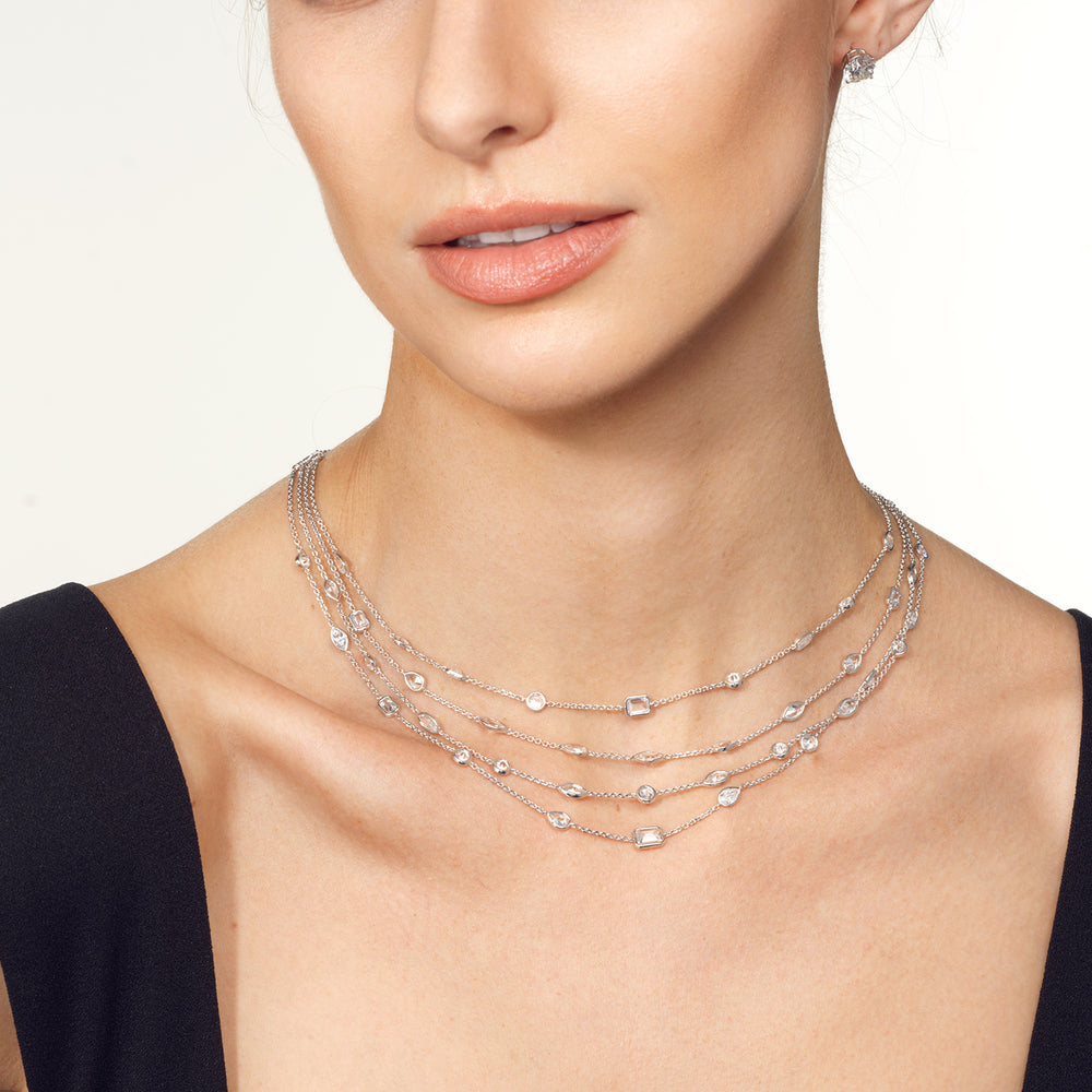 Model Wearing Five Row Multi Shape Bezel Set Statement Diamond Necklace view