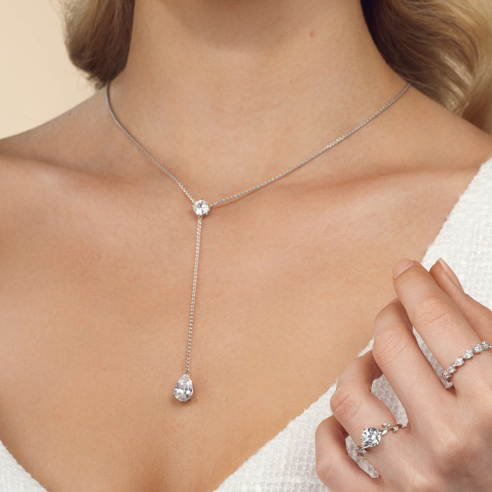 Model Wearing Cushion and Teardrop Chain Lariat Necklace view
