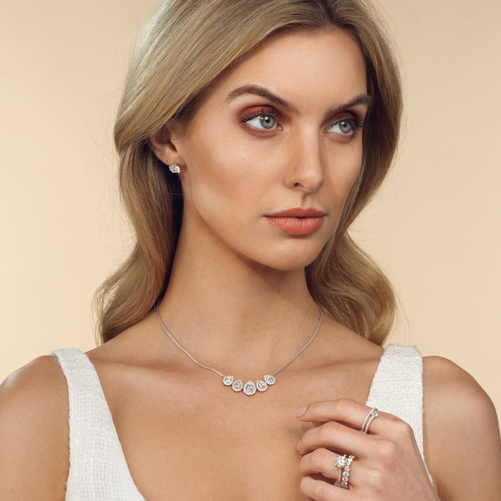Model Wearing Five Halo Teardrop Chain Necklace view