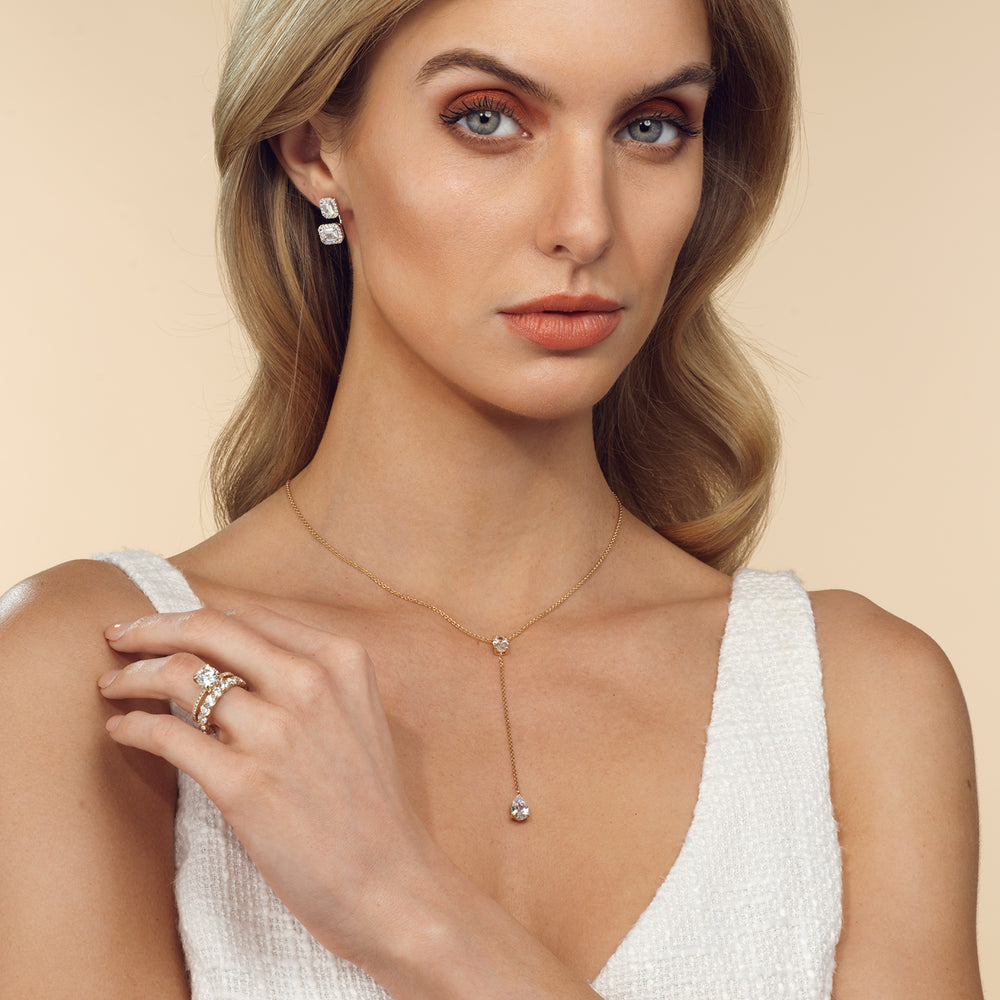 Model Wearing Oval and Pear Teardrop Chain Lariat Necklace view