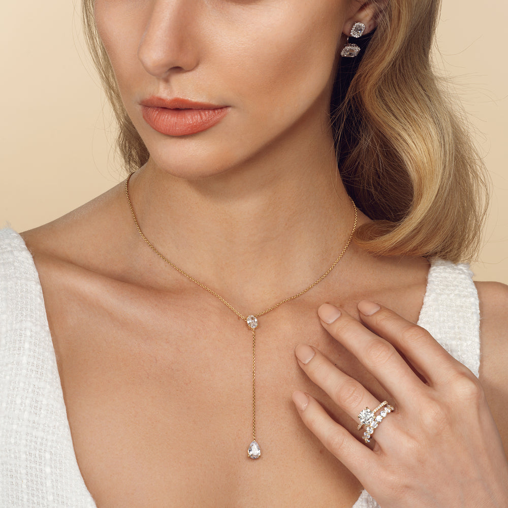 Model Wearing Oval and Pear Teardrop Chain Lariat Necklace view