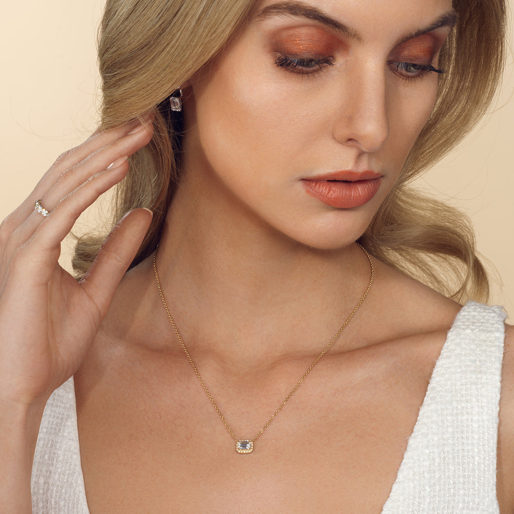 Model Wearing Halo Emerald Chain Necklace view