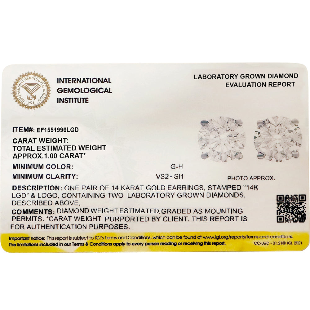 Certified Classic Round Diamond Four Prong Stud Earrings (IGI: G/H SI+) with 14KT White Gold / Lab / 1 Cut Diamond in 14KT White Gold / Lab / 1 view 5
