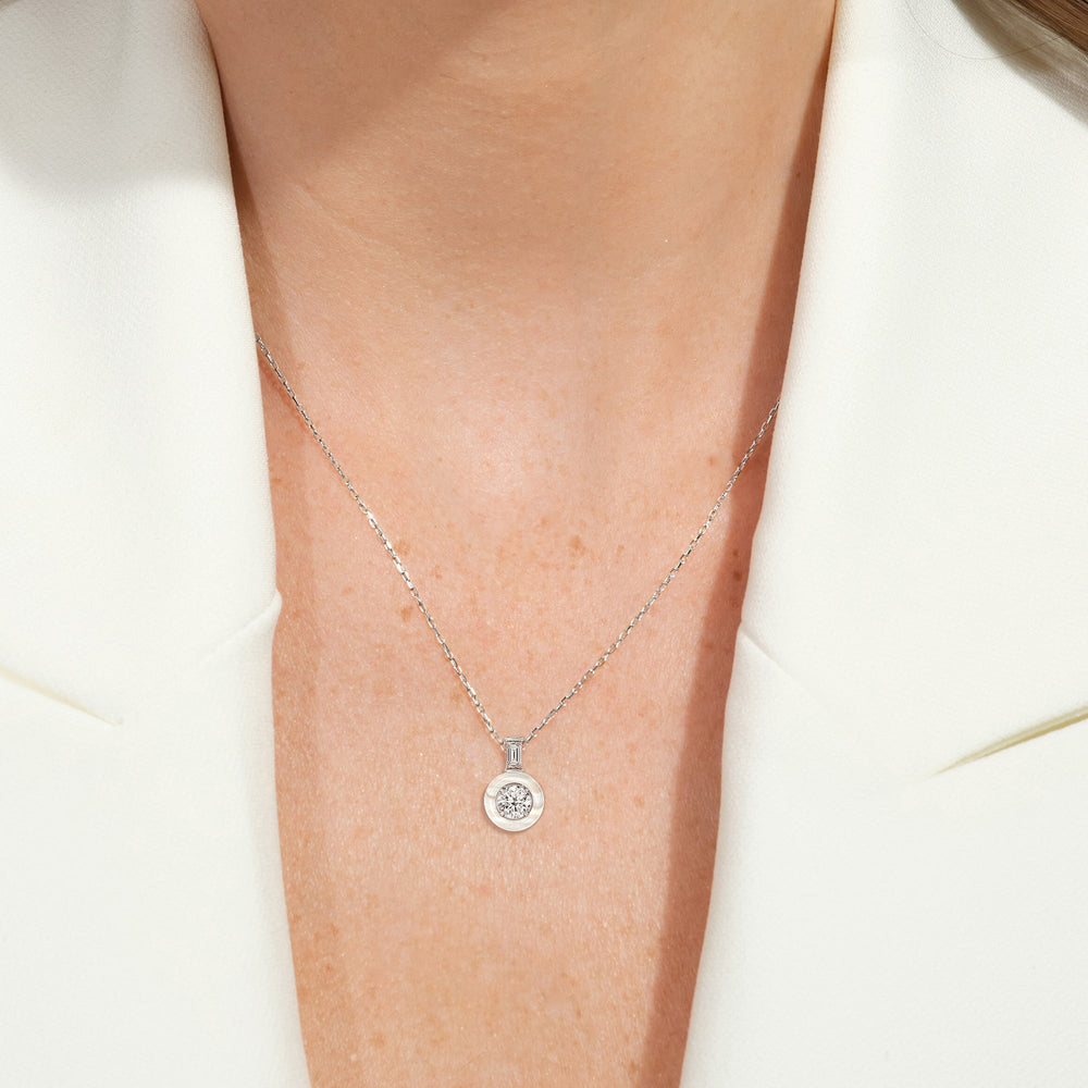 Model Wearing Round Bezel Diamond Necklace in Ceramic view