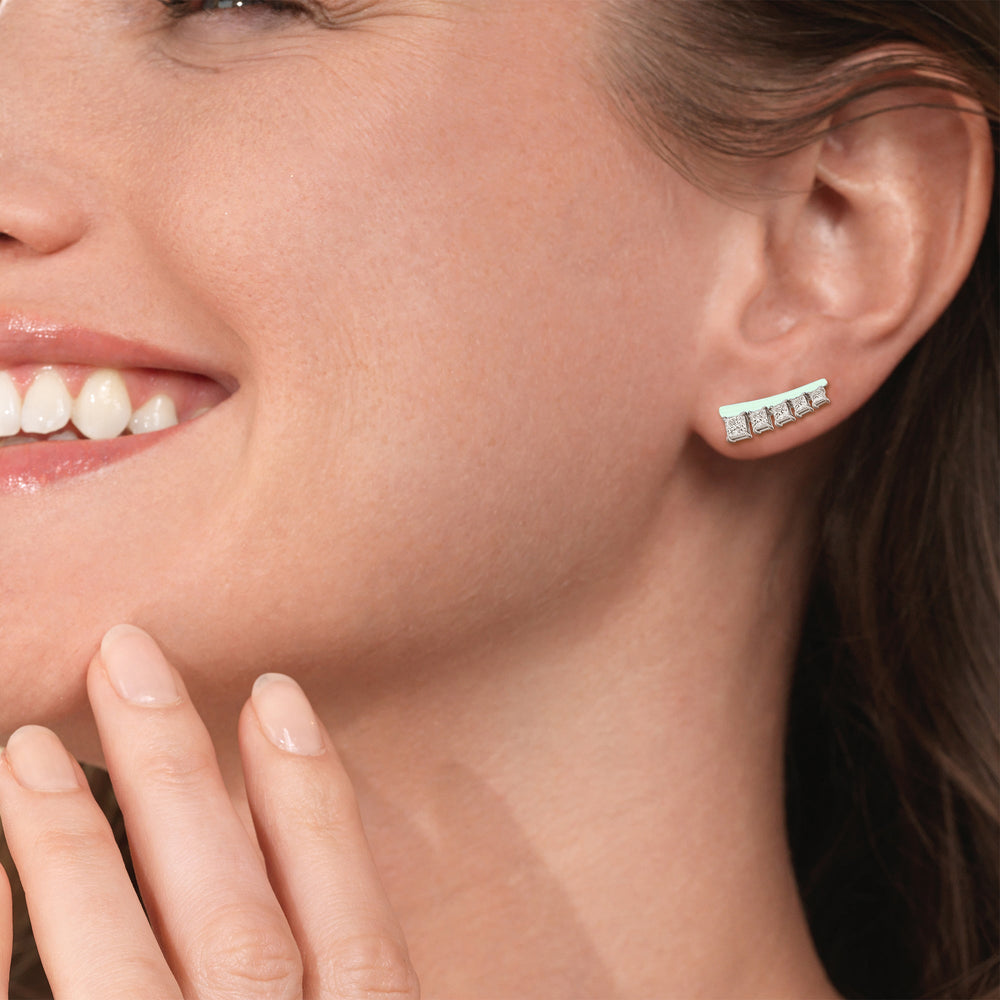 Model Wearing Princess Cut Climbers in Ceramic view