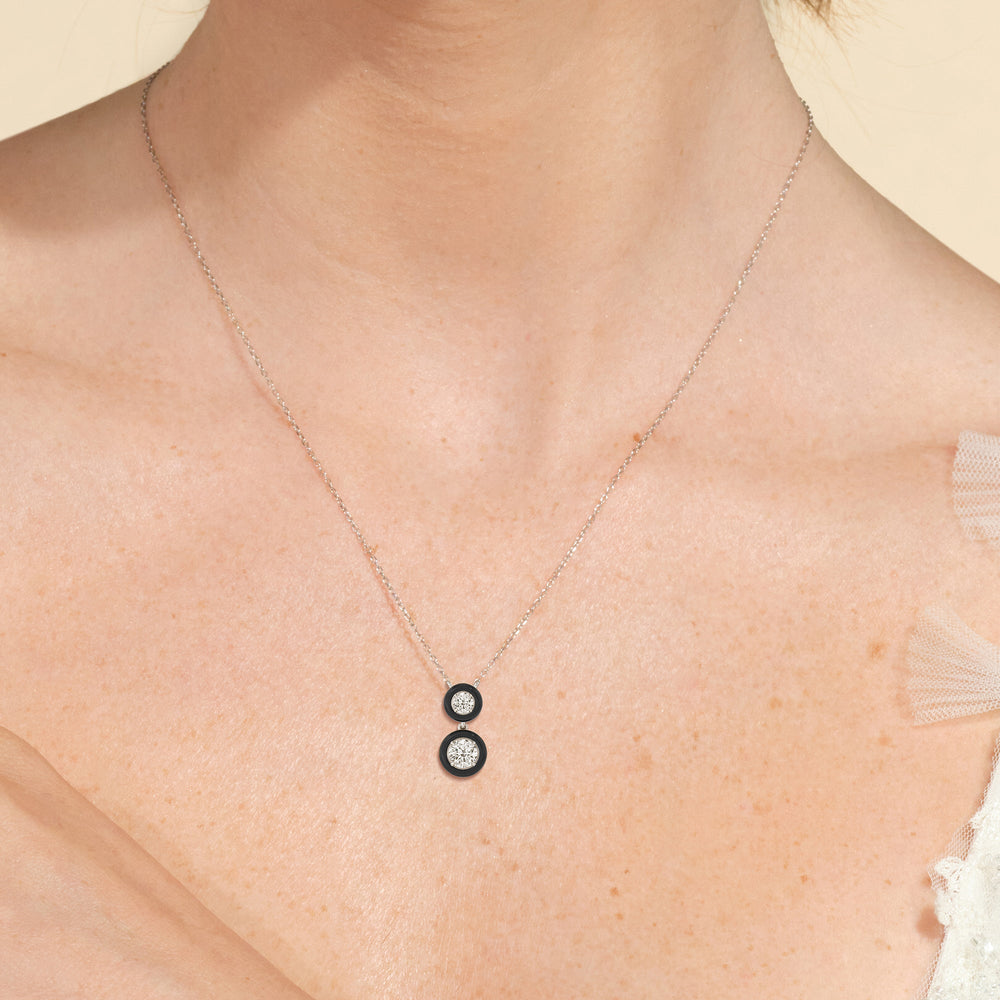 Model Wearing Double Diamond Drop Necklace in Ceramic view