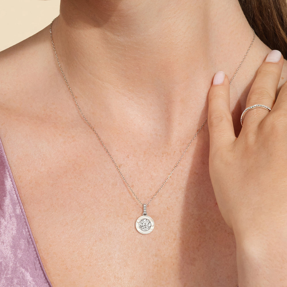 Model Wearing Round Diamond Drop Necklace in Ceramic view