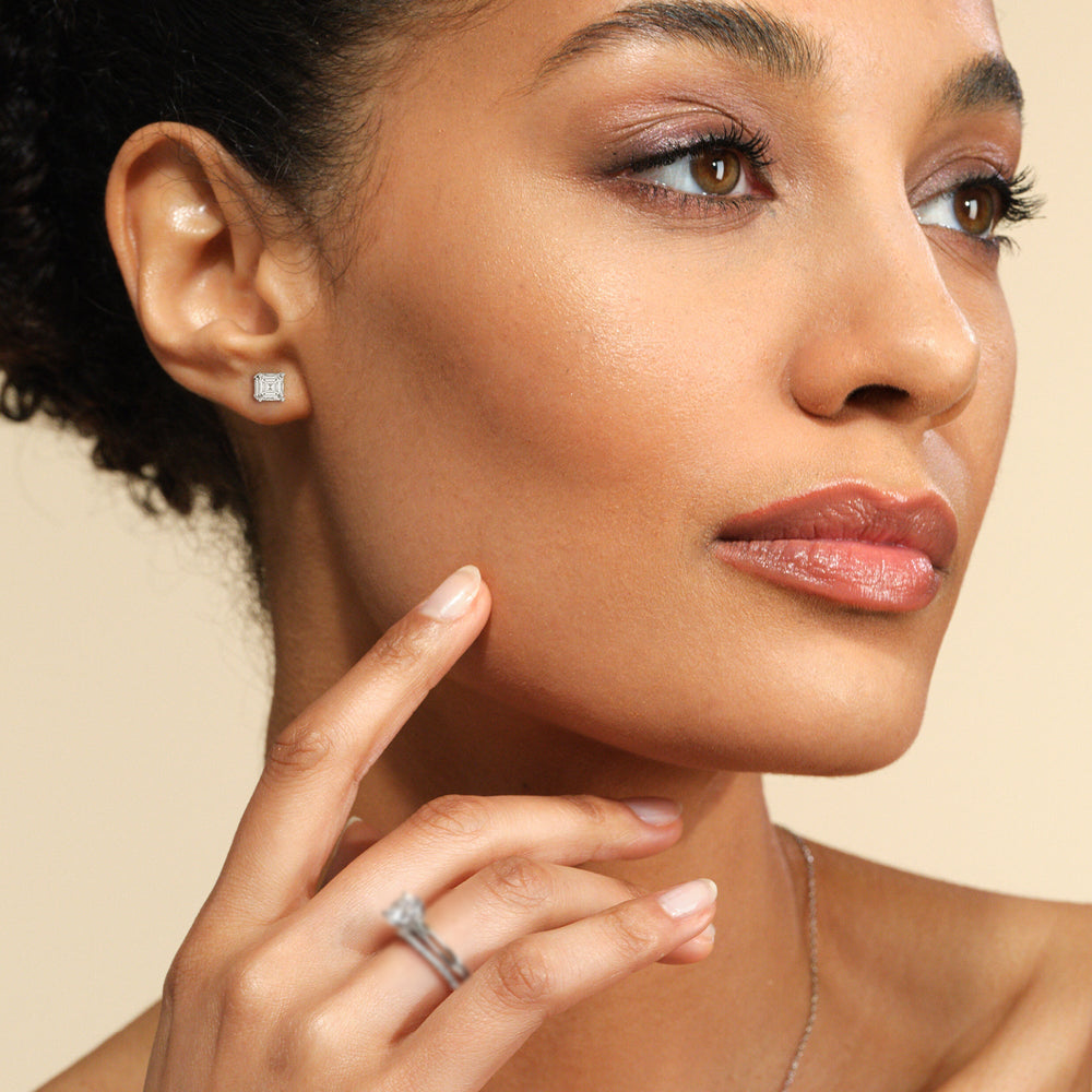 Classic Asscher Stud Earrings with 14KT Yellow Gold / Lab / 2 Cut Diamond in 14KT Yellow Gold / Lab / 2 view 3
