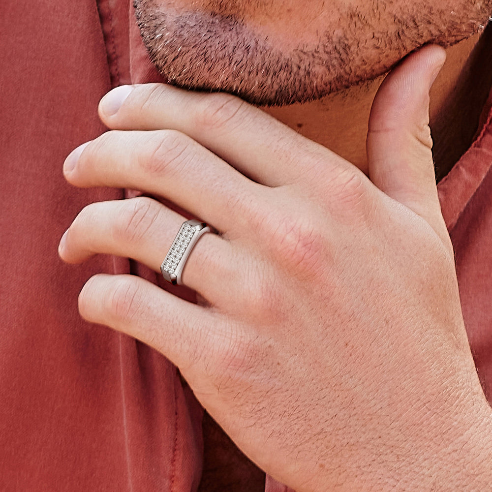 Model Wearing Octagonal Flat Top Diamond Pave Men's Ring view