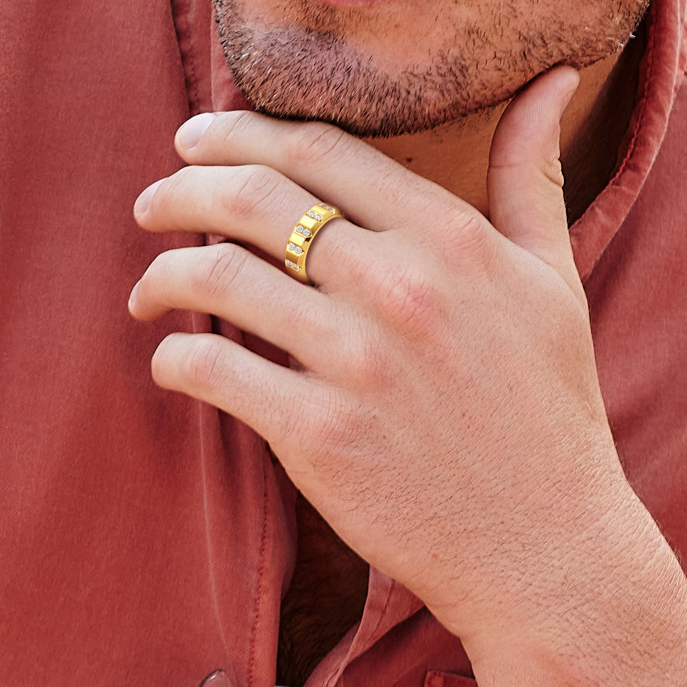 Model Wearing Ridged Channel Diamond Men's Ring view