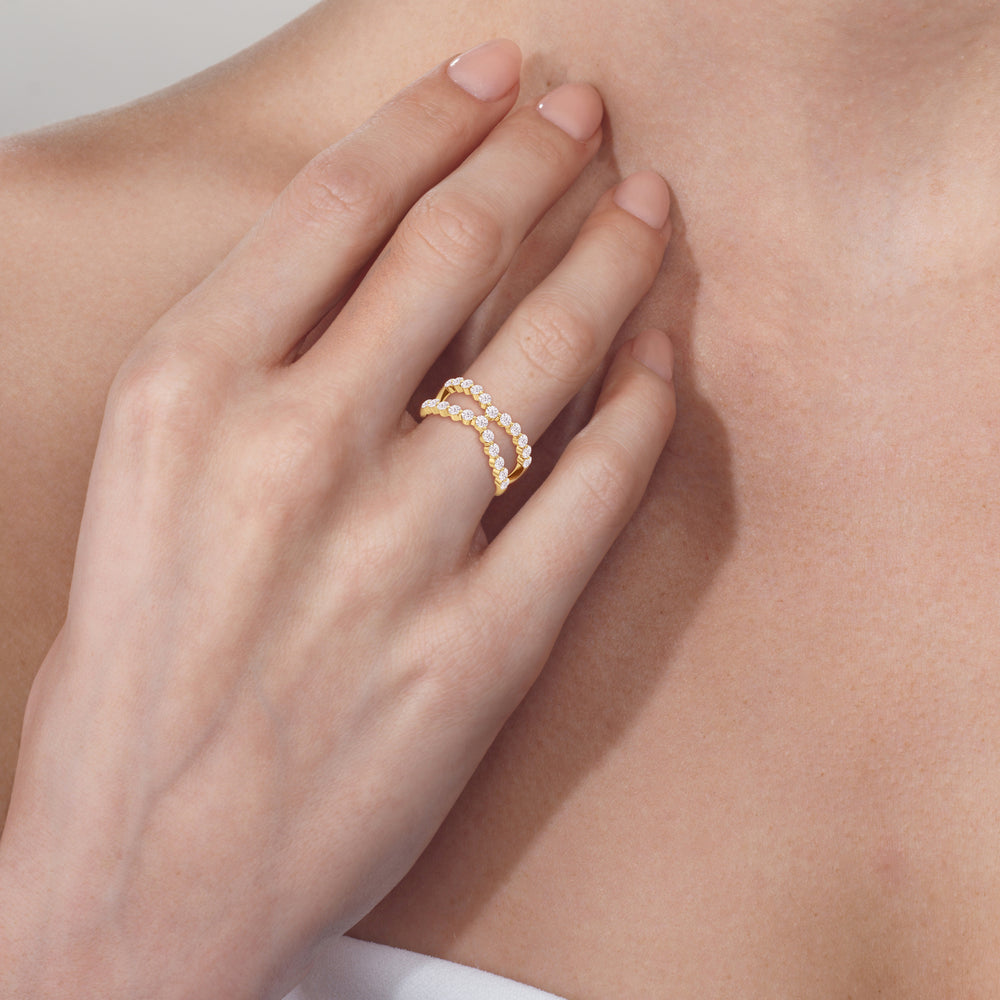 Model Wearing Chevron Kiss Diamond Ring view