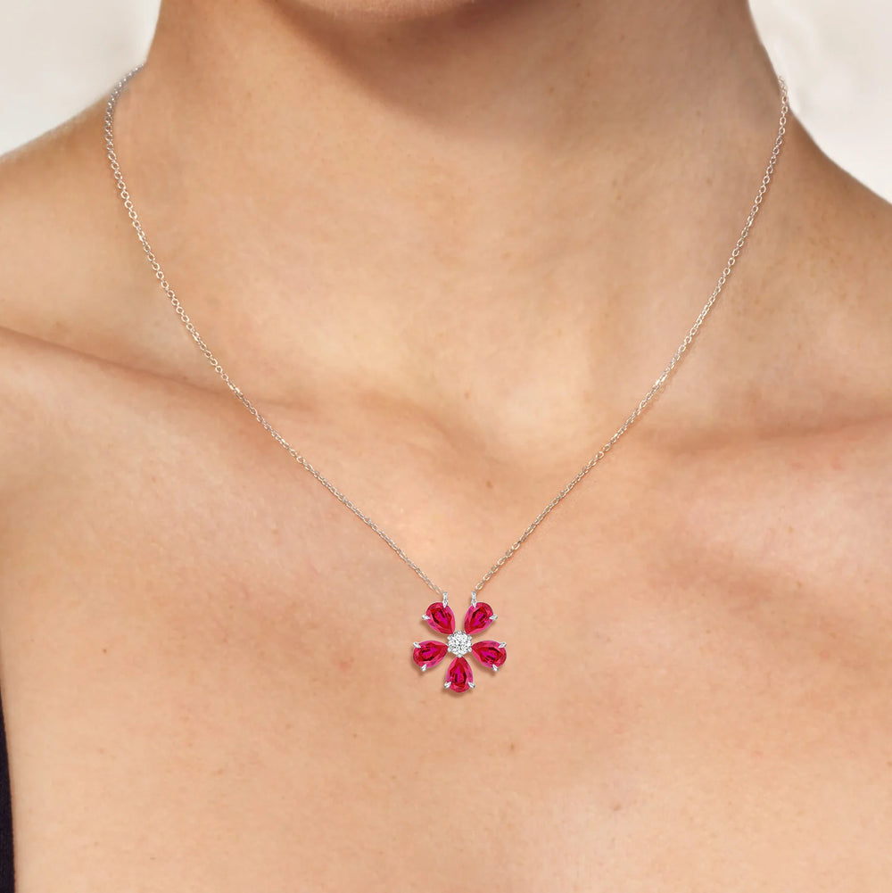 Model Wearing Ruby And Diamond Daisy NecklaceTest Drashya view