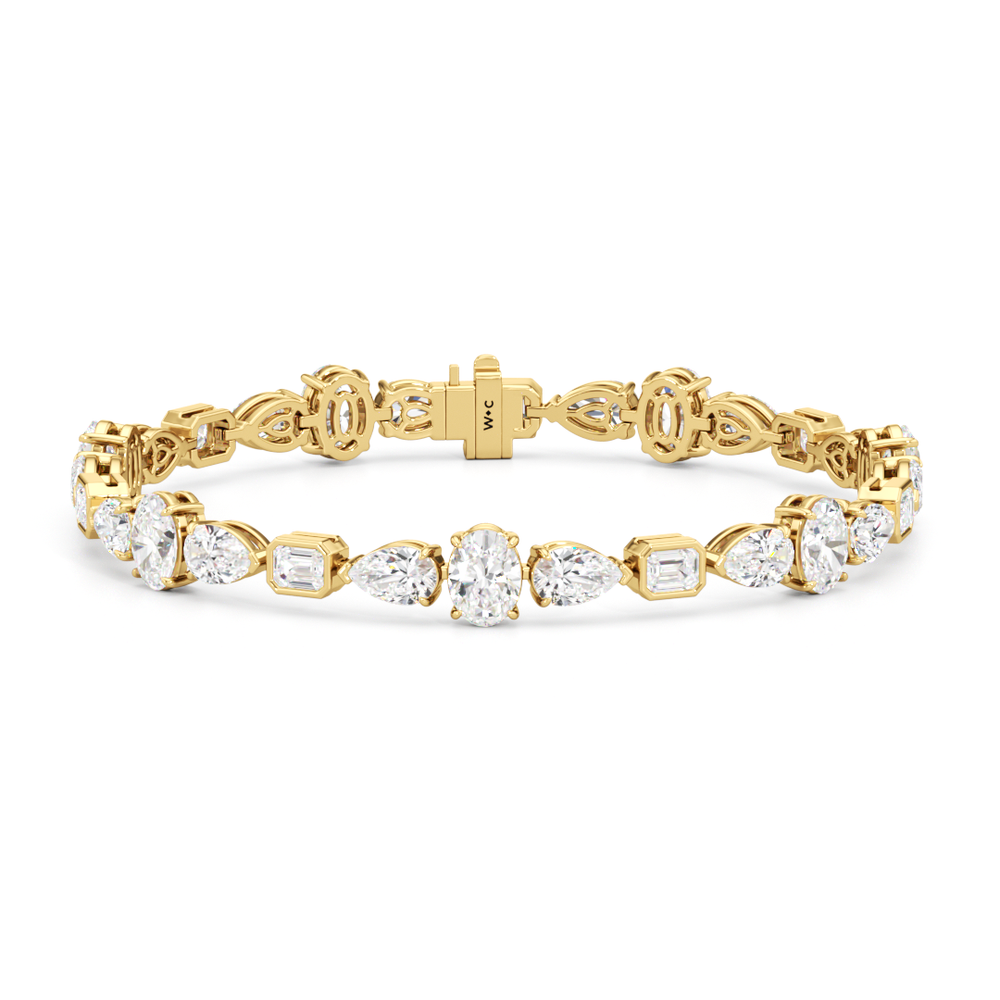 Pear Oval Sequenced with Bezeled Emerald Tennis Bracelet with Lab Cut Diamond in 14KT Yellow Gold view 1
