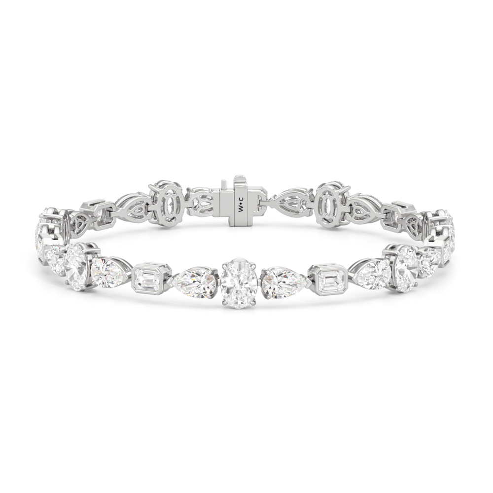 Pear Oval Sequenced with Bezeled Emerald Tennis Bracelet with Lab Cut Diamond in 14KT White Gold view 1
