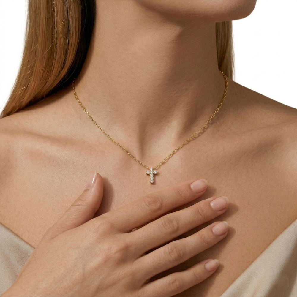 The Elizabeth Cross Necklace with 18K Yellow Gold Vermeil / Lab Cut Diamond in 14KT 18K Yellow Gold Vermeil / Lab view 3
