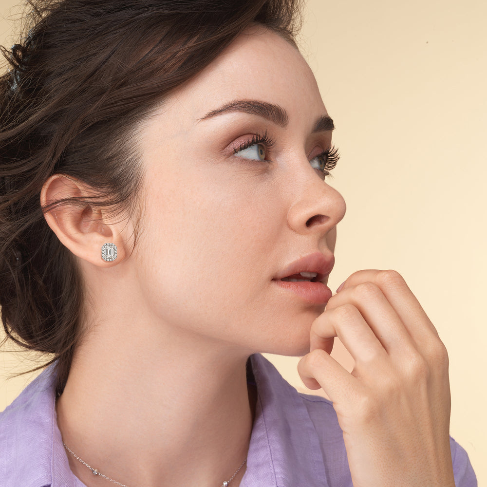 Emerald Diamond Halo Earrings with 14KT Rose Gold / Lab / 3 1/2 Cut Diamond in 14KT Rose Gold / Lab / 3 1/2 view 3
