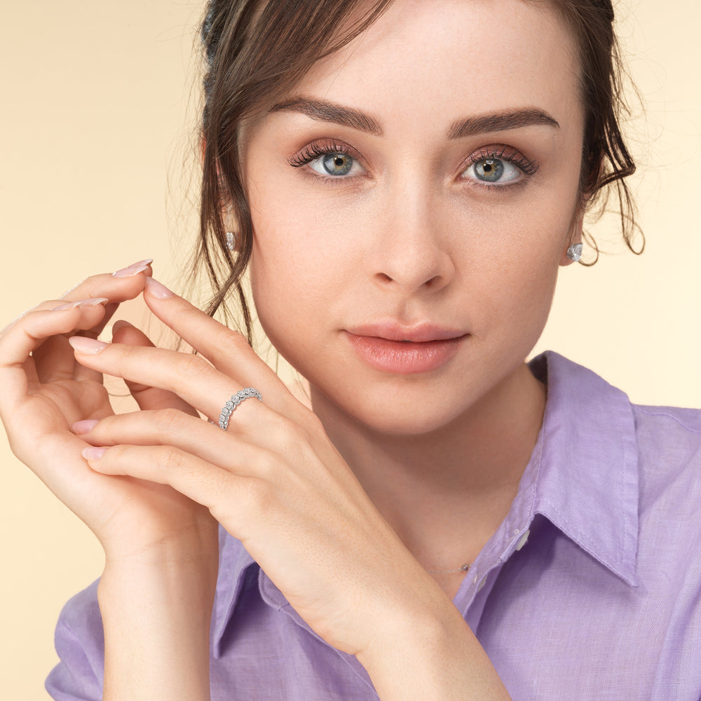 Model Wearing Scalloped Compass Prong Diamond Eternity Ring view