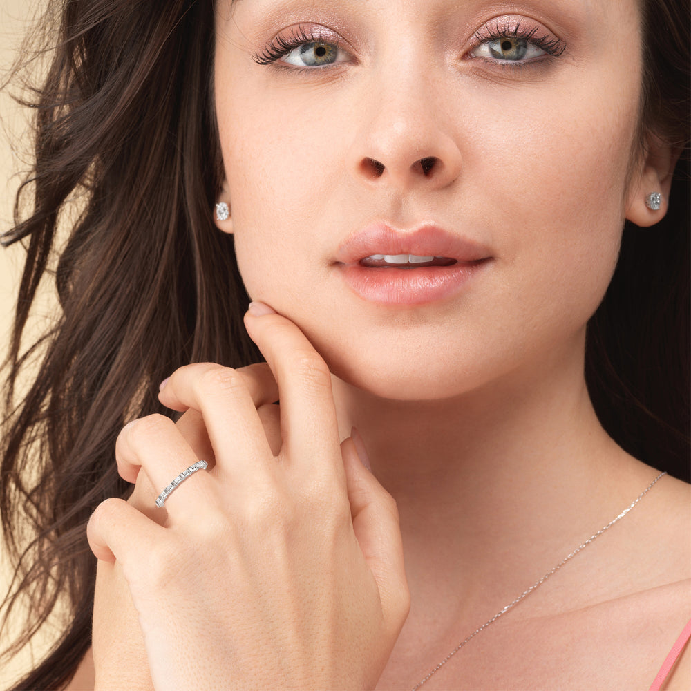 Model Wearing Vintage Baguette Halo Solitaire Diamond Wedding Band view