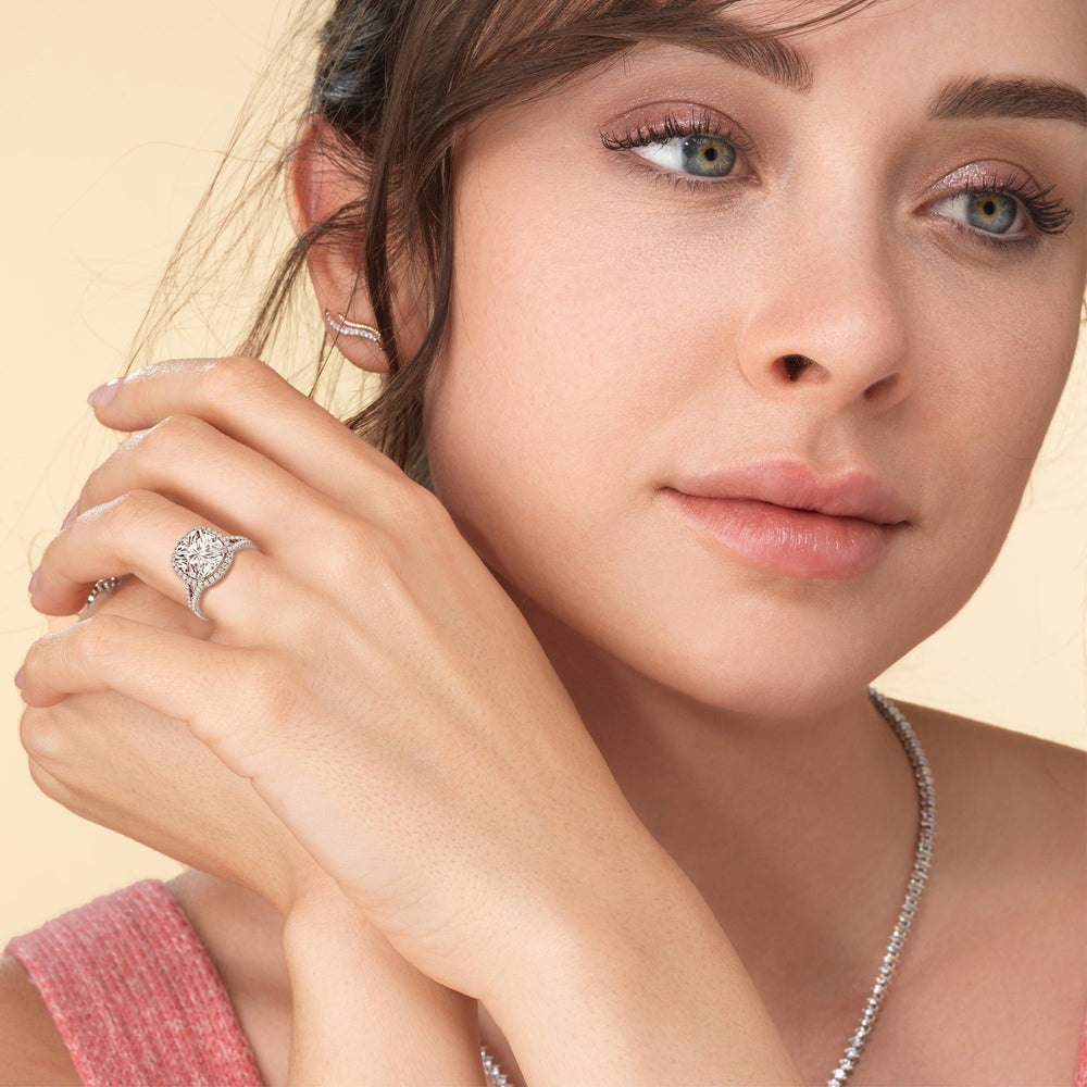 Model Wearing Elegance Split Shank Halo Engagement Ring view