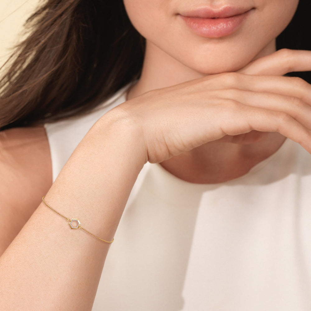 Model Wearing Petite Hexagon Geometry Bolo Bracelet view