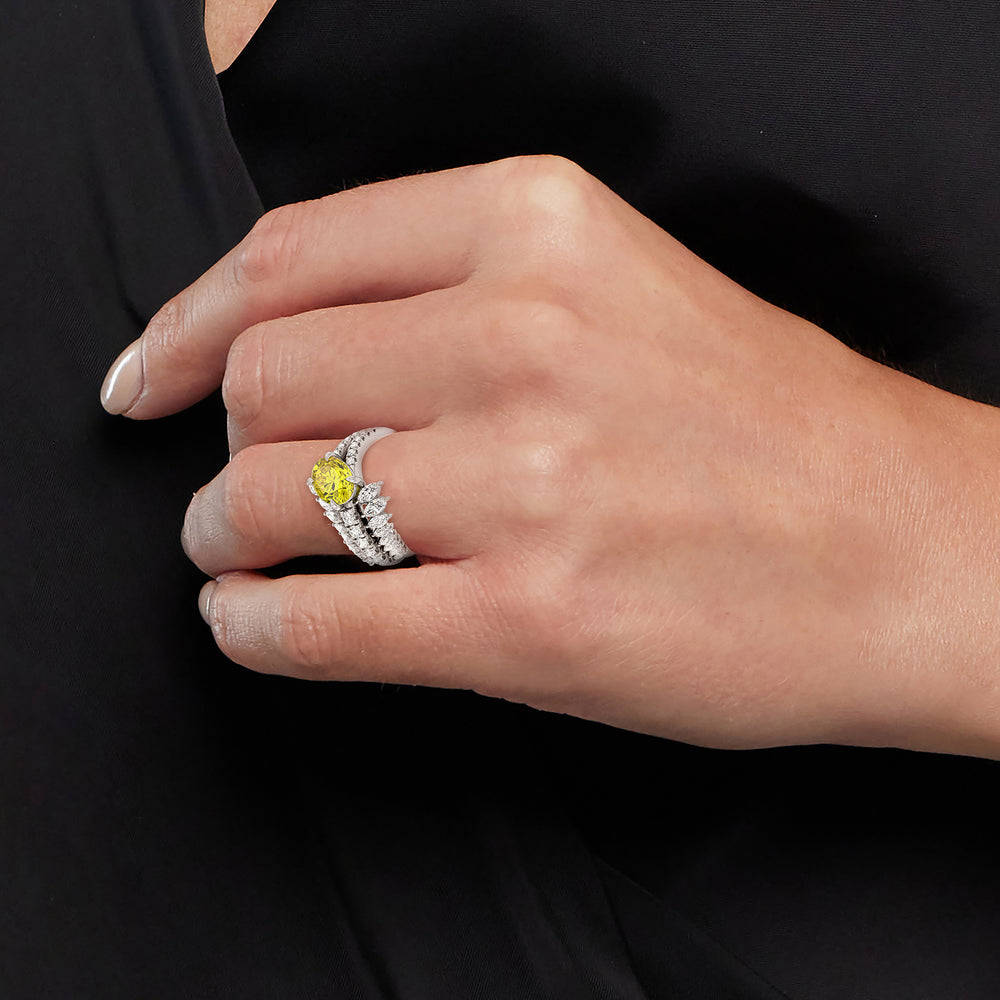Model Wearing Oval Canary Three Row Diamond Fashion Ring with Lab Grown Diamond view