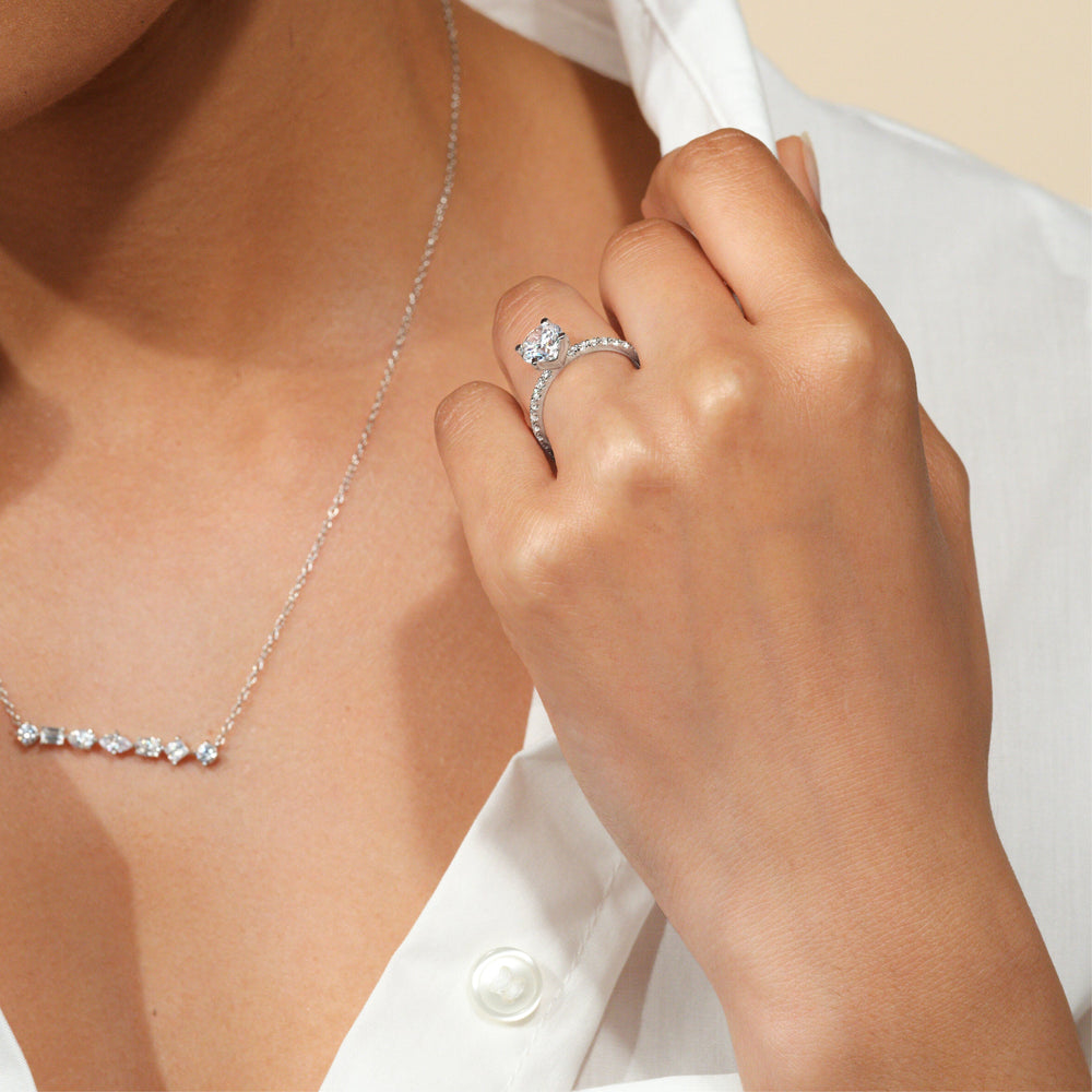 Model Wearing Ara Midi Classic Pave Diamond Engagement Ring with Lab Grown Diamond view