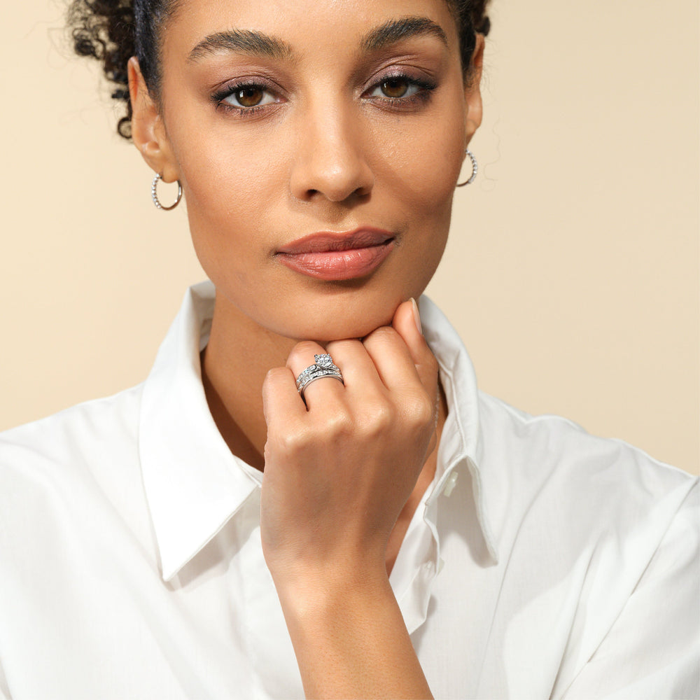 Model Wearing Six Prong Channel Set Solitaire Diamond Wedding Band view