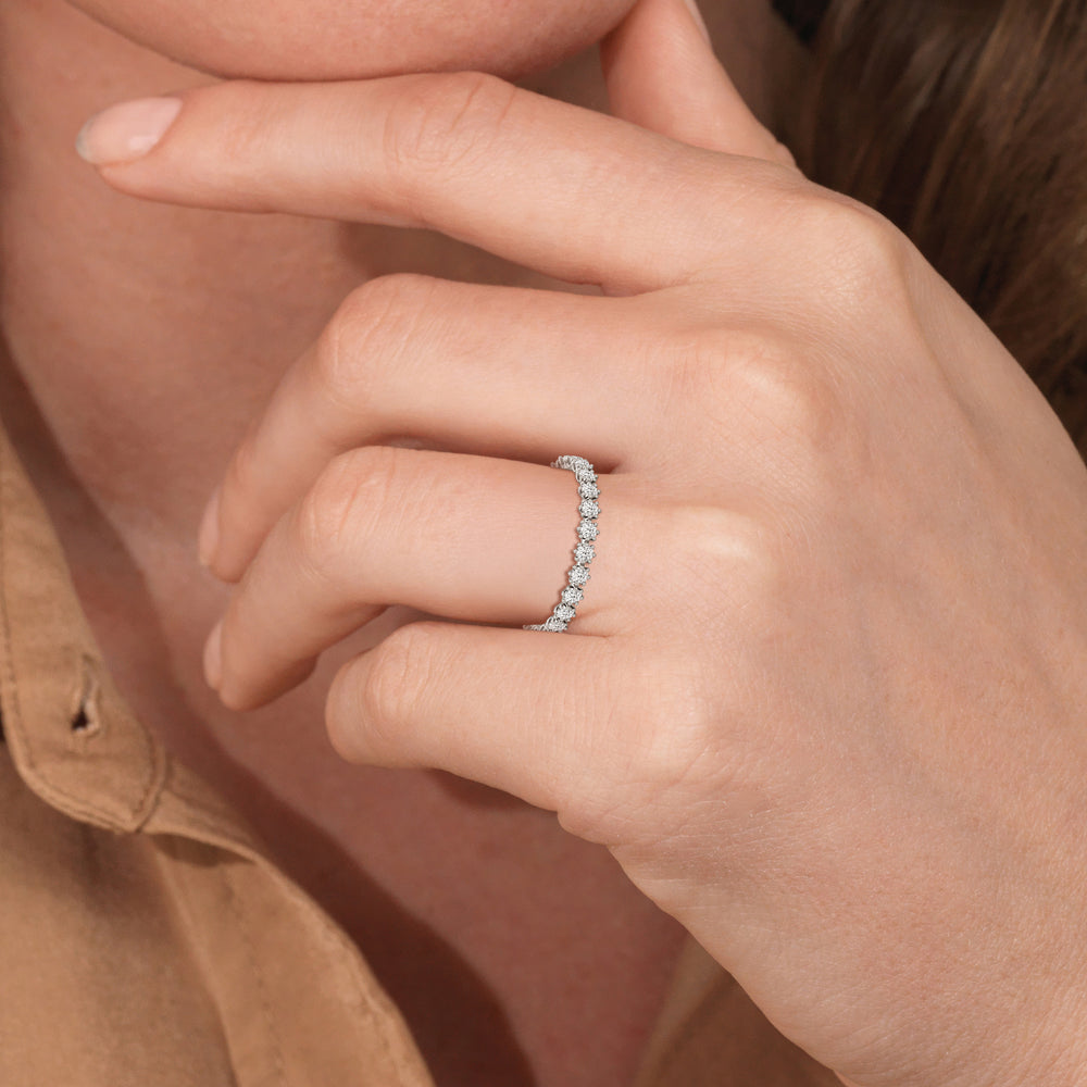 Model Wearing Vera Wide Diamond Wedding Band view
