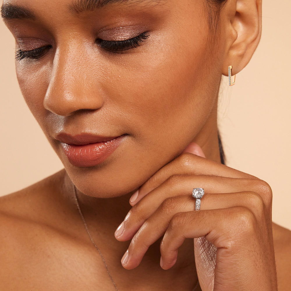 Model Wearing Trapezoid Shape Diamond Tapering Hoop Earrings view