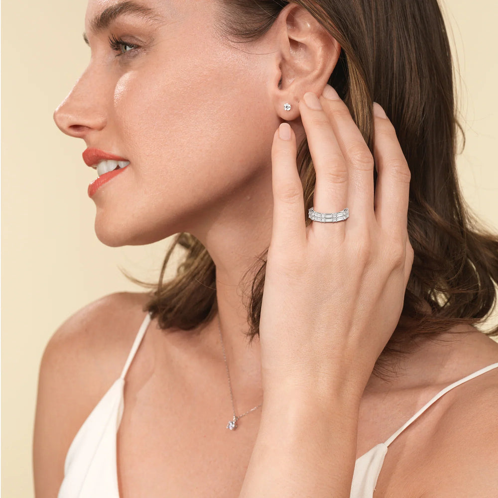 Model Wearing Alternating Two Row Baguette and Round Anniversary Band (E+ VS+) view