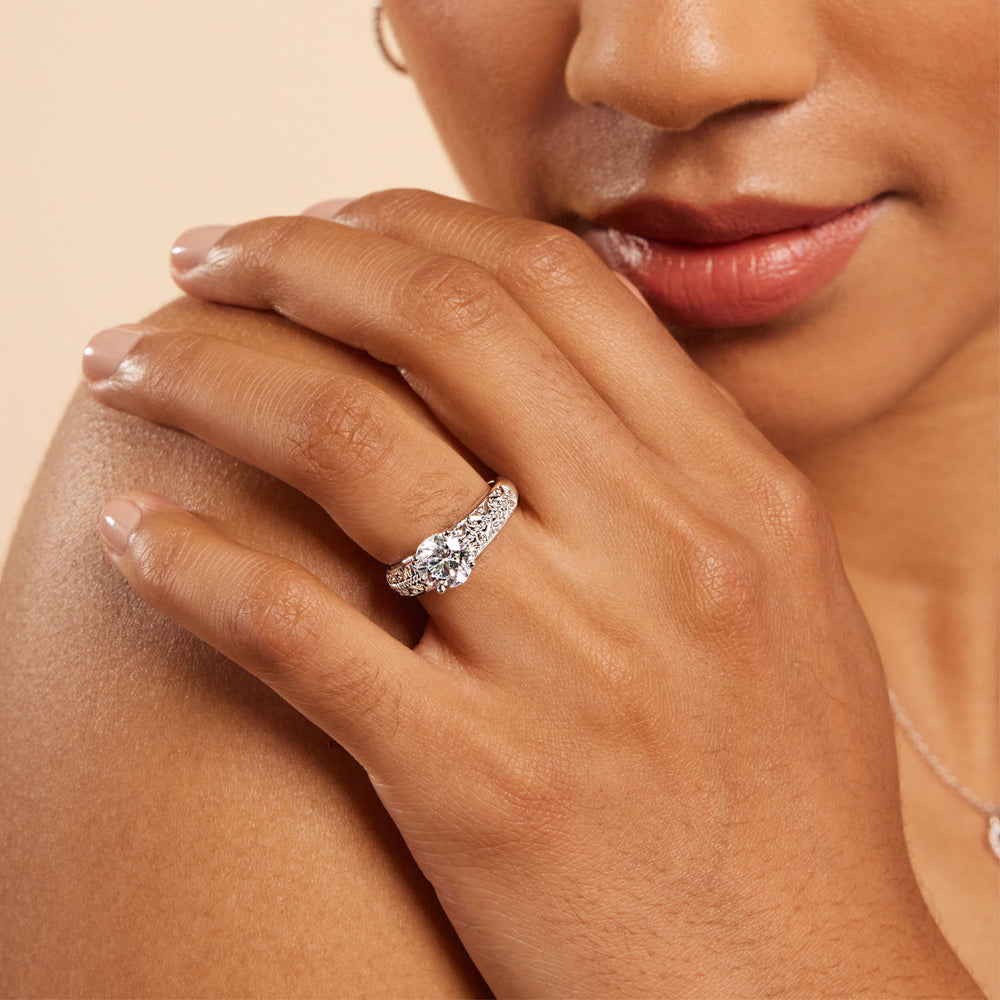 Model Wearing Vintage Filigree Classic Engagement Ring view