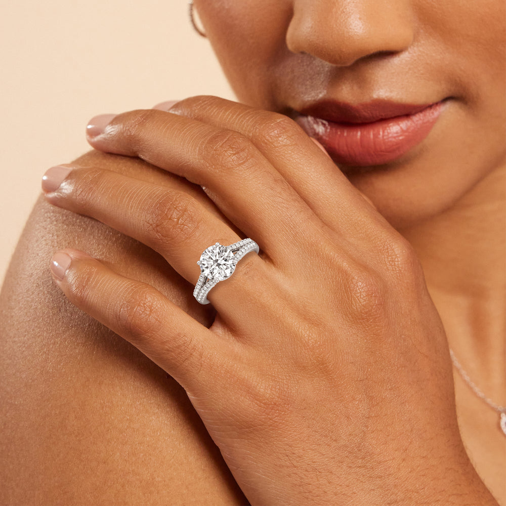 Model Wearing Split Shank Scalloped Hidden Halo Engagement Ring view
