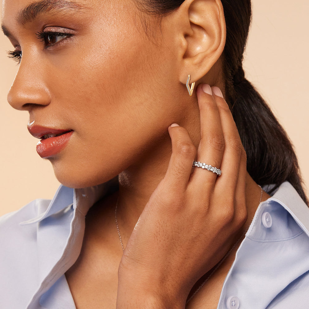 Model Wearing Kite Shape Tapering Diamond Hoop Earrings view