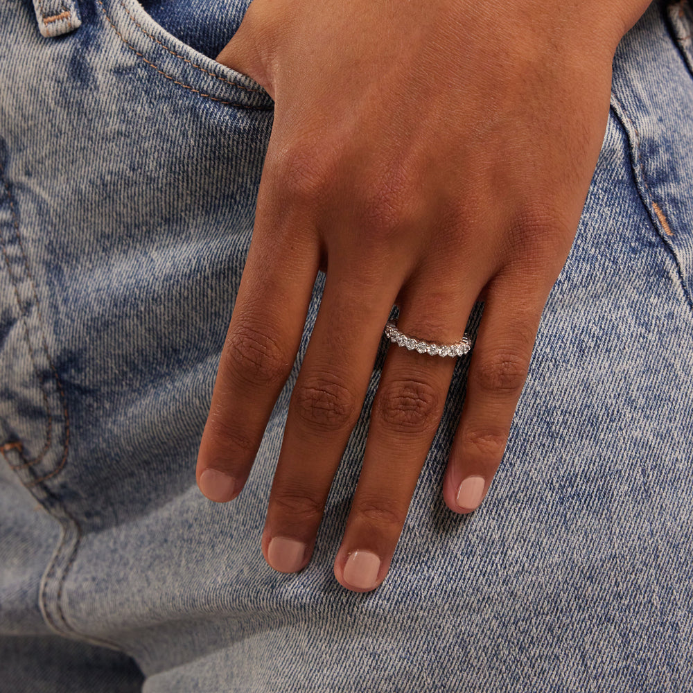 Model Wearing Heart Set Round Diamond Eternity Ring view