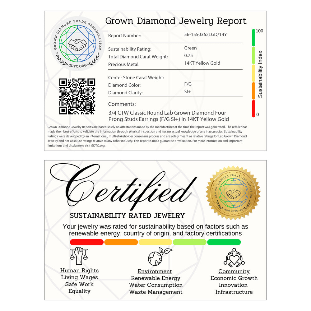 Classic Round Diamond Four Prong Studs Earrings (F/G SI+) with 14KT Yellow Gold / Lab / 3/4 Cut Diamond in 14KT Yellow Gold / Lab / 3/4 view 5

