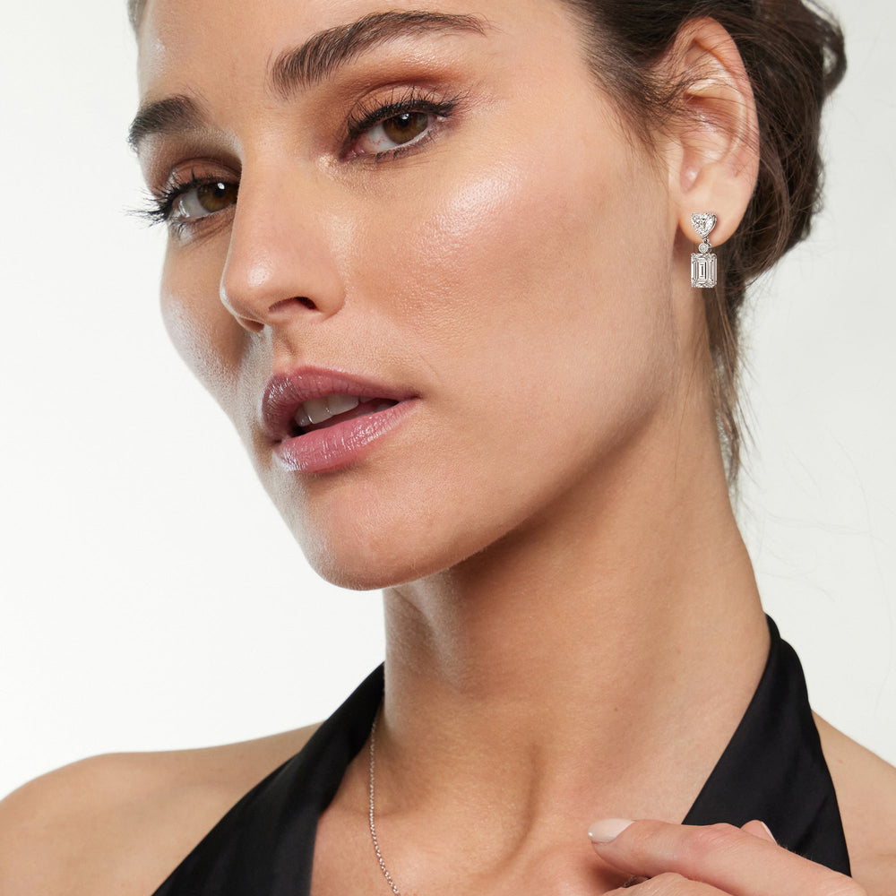 Heart Shape with Emerald Drop Earrings with 18KT White Gold / Lab / 7 Cut Diamond in 14KT White Gold / Lab / 7 view 3
