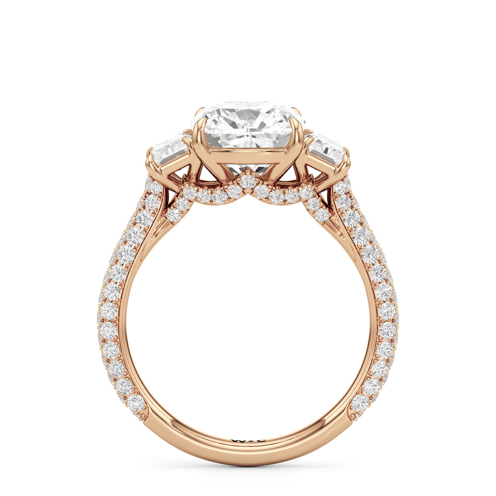 The Elise Three Stone Engagement Ring with Cushion Cut Diamond in 14KT Rose Gold view 2
