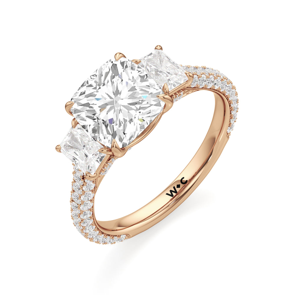 The Elise Three Stone Engagement Ring with Cushion Cut Diamond in 14KT Rose Gold view 3
