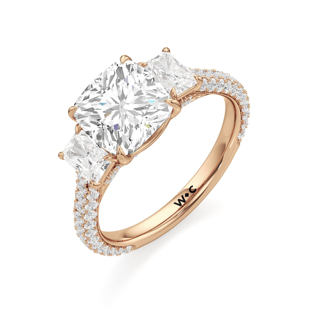 The Elise Three Stone Engagement Ring with Cushion Cut Diamond in 14KT Rose Gold view 4
