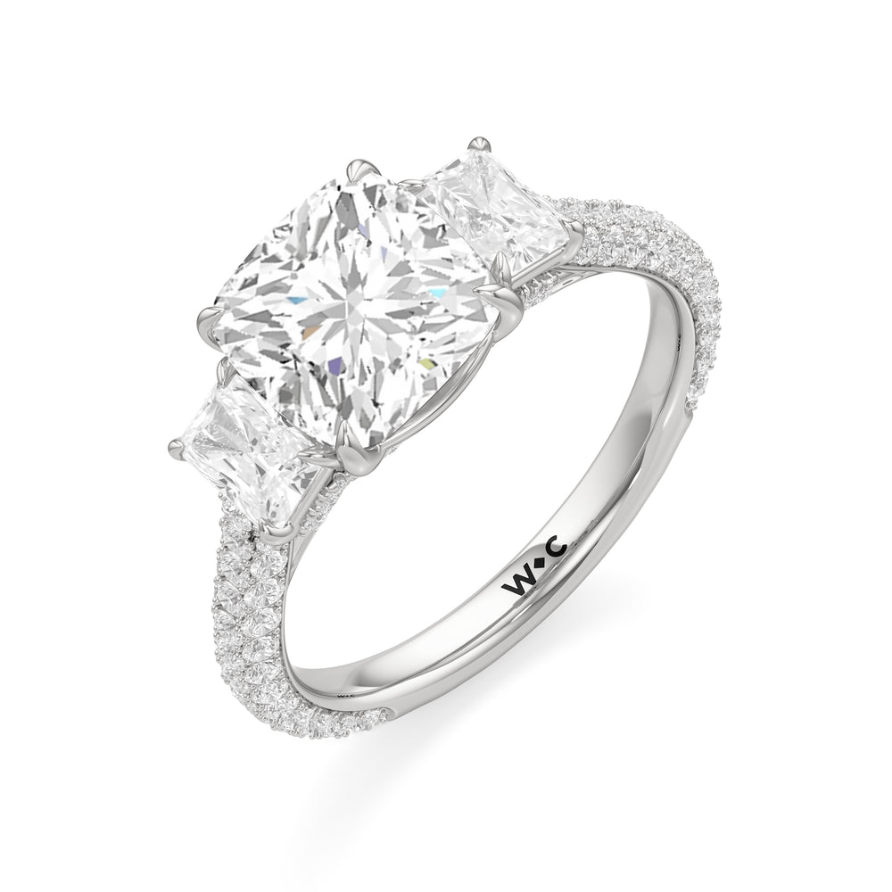 The Elise Three Stone Engagement Ring with Cushion Cut Diamond in 14KT Platinum view 3
