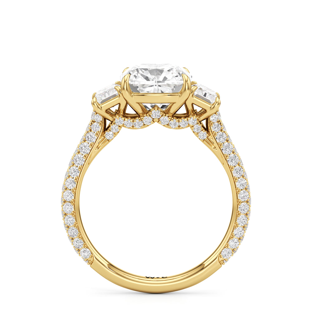 The Elise Three Stone Engagement Ring with Cushion Cut Diamond in 14KT Yellow Gold view 2
