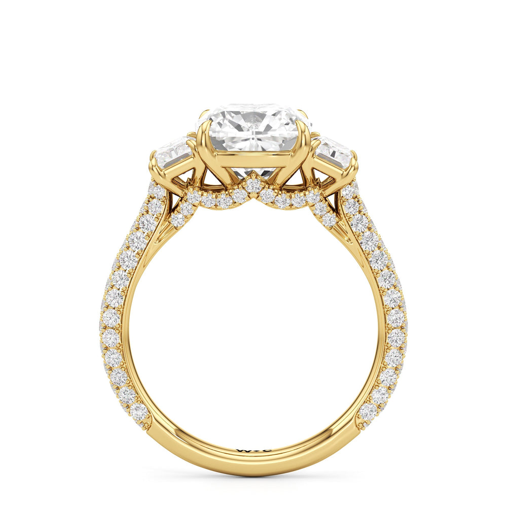 The Elise Three Stone Engagement Ring with Cushion Cut Diamond in 14KT Yellow Gold view 3
