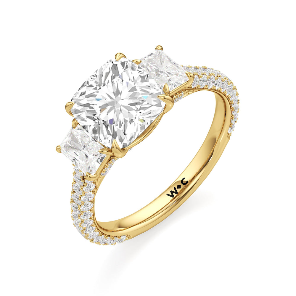 The Elise Three Stone Engagement Ring with Cushion Cut Diamond in 14KT Yellow Gold view 4
