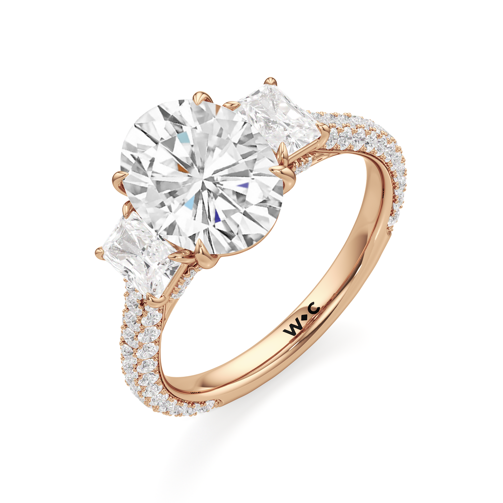 The Elise Three Stone Engagement Ring with Oval Cut Diamond in 14KT Rose Gold view 3
